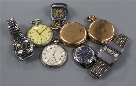 An Omega nickel cased pocket watch, a Baume & Mercier pocket watch, two gold plated pocket watches, three wrist watches etc.